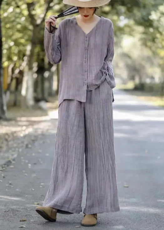 Art Grey Asymmetrical Wrinkled Linen Two Pieces Set Spring Ada Fashion