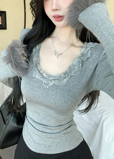 Art Grey O Neck Patchwork Faux Fur Tops Spring YP022