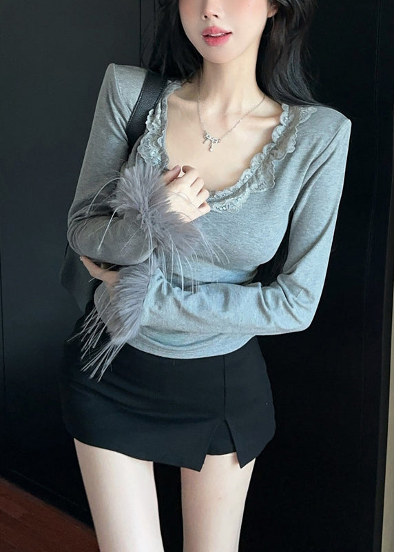 Art Grey O Neck Patchwork Faux Fur Tops Spring YP022