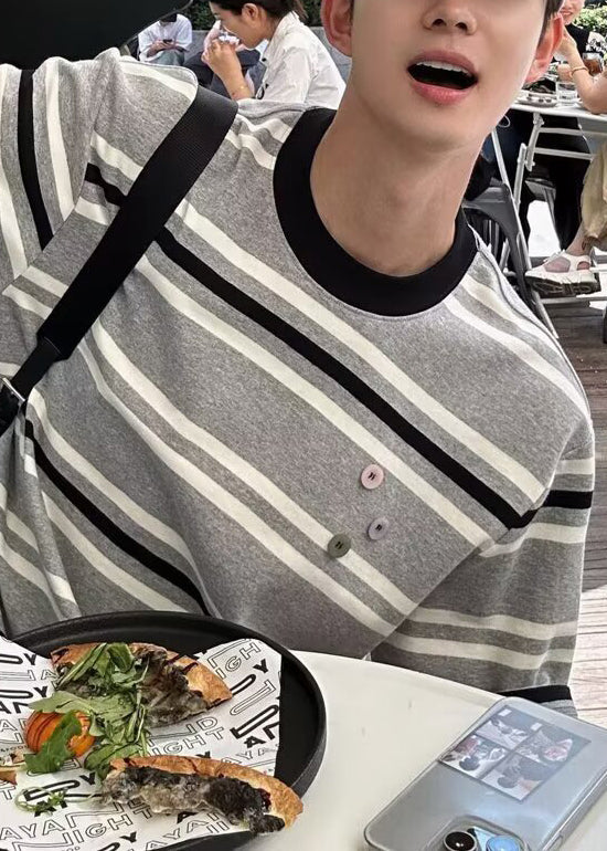 O Grey Neck Men Shirts Art Striped Cotton Summer T