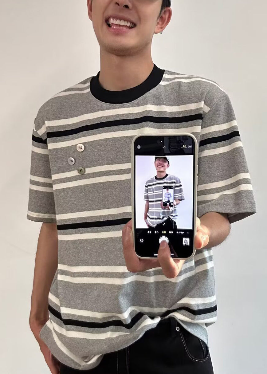 O Grey Neck Men Shirts Art Striped Cotton Summer T