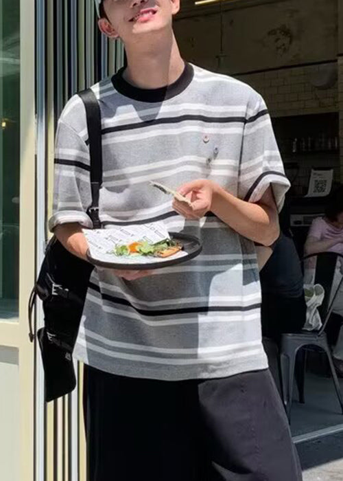 O Grey Neck Men Shirts Art Striped Cotton Summer T