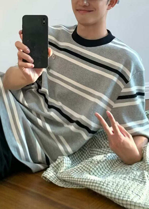 O Grey Neck Men Shirts Art Striped Cotton Summer T