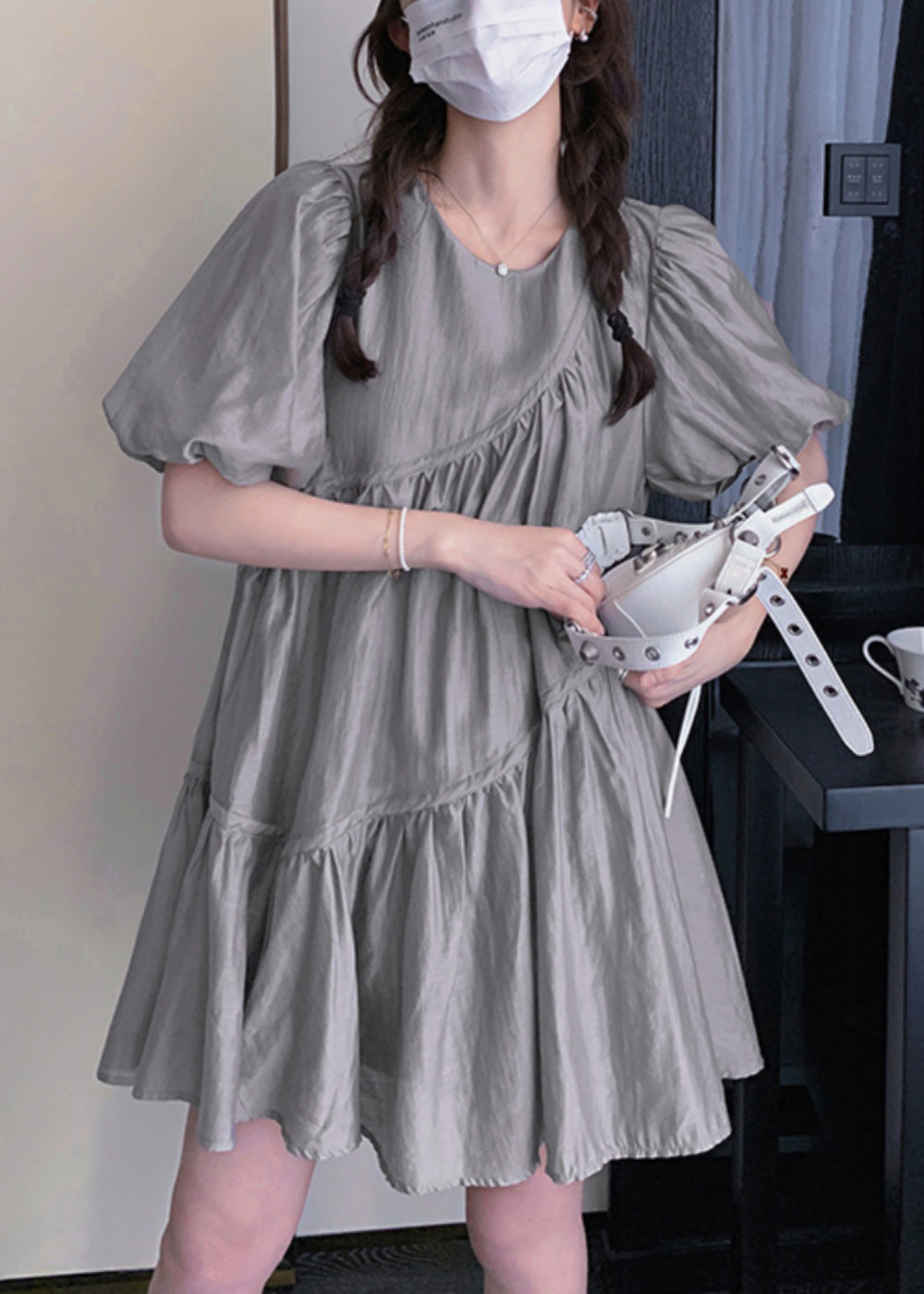 Art Dress Grey Day Wrinkled Oversized Summer Silk