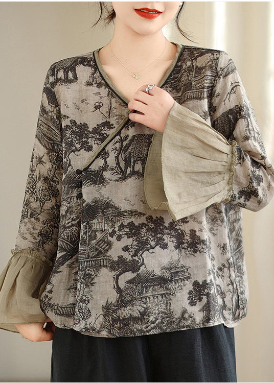 Art Grey Print Patchwork Linen Shirt Tops Flare Sleeve TM021