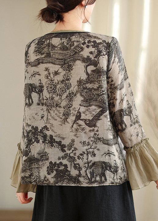 Art Grey Print Patchwork Linen Shirt Tops Flare Sleeve TM021