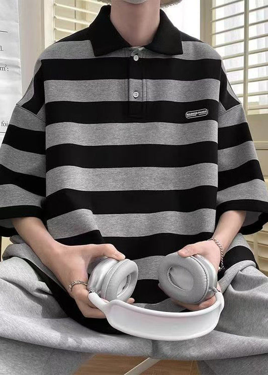 Mens Polo Half Art Cotton Striped Sleeve Shirts Grey Button