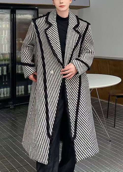 Art Grey Striped Button Woolen Mens Long Coats Winter RO047