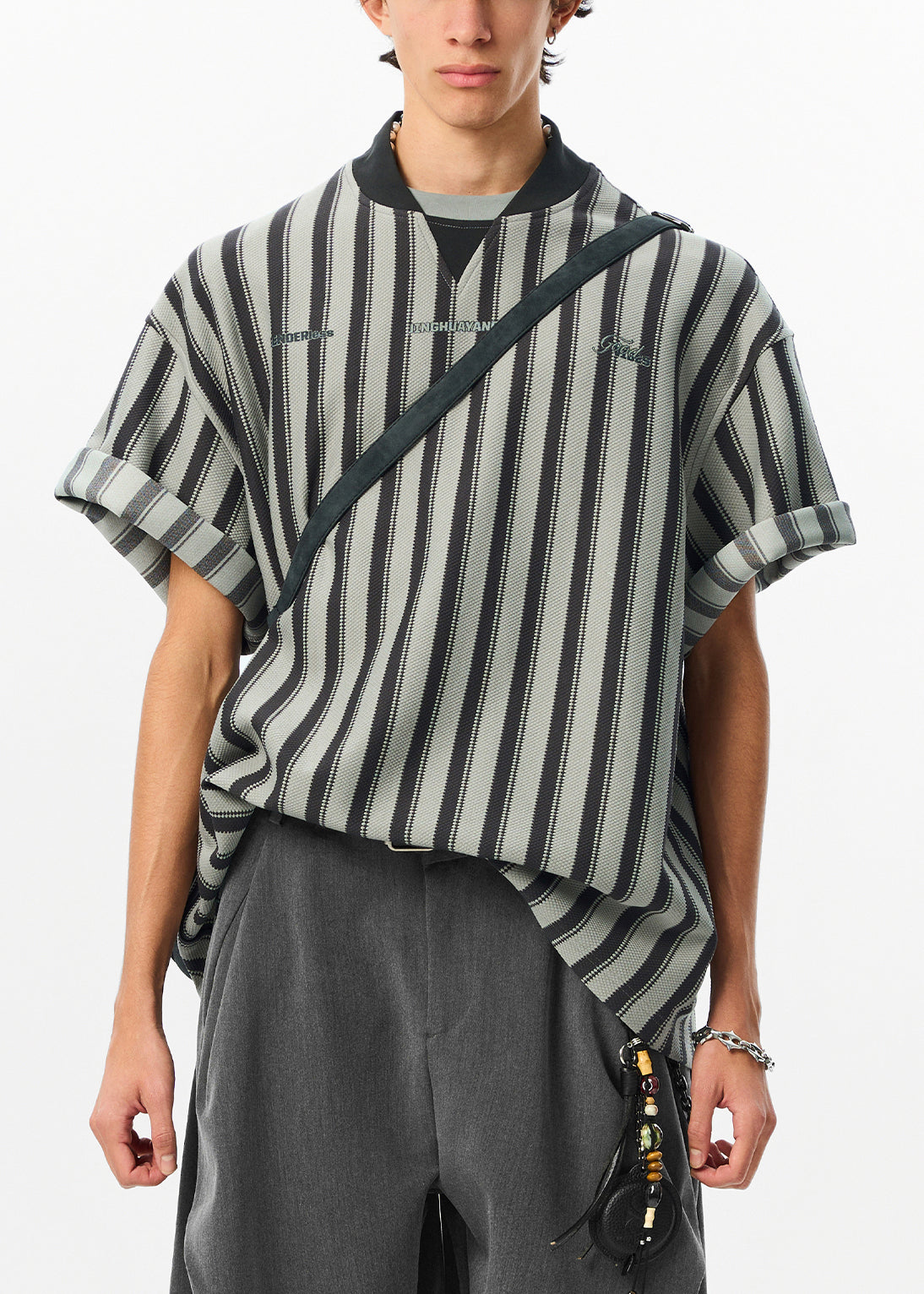 Shirt Grey Striped Art T Cotton Men Summer Letter