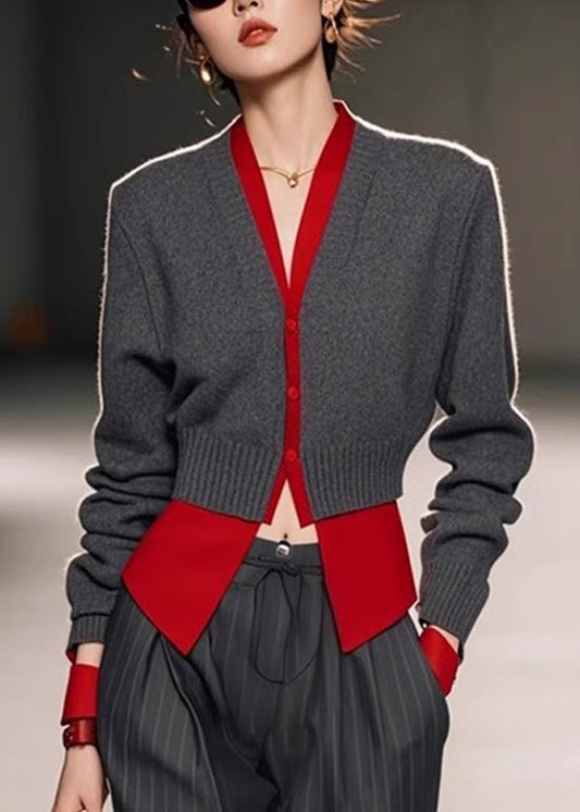 False Grey Pieces Art Sweater Neck V Patchwork Spring Two Knit