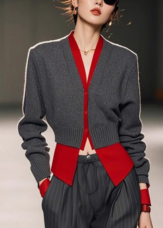 False Grey Pieces Art Sweater Neck V Patchwork Spring Two Knit