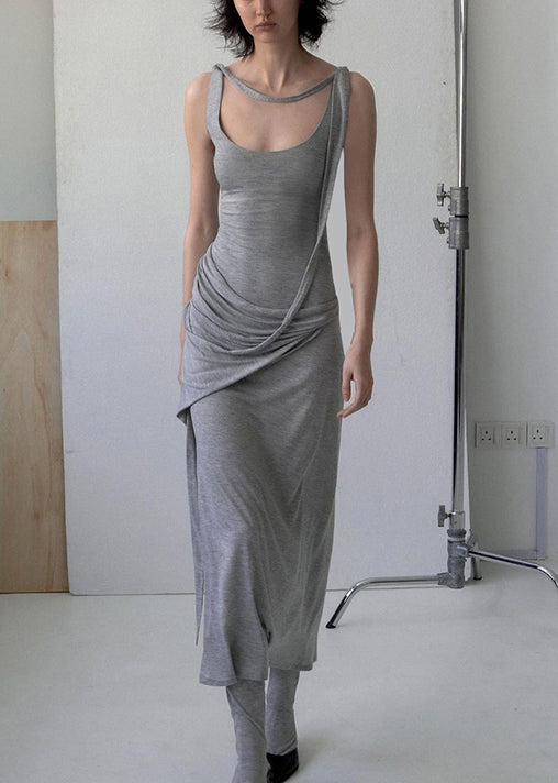 Strap Dress Spaghetti Grey Solid Wrinkled Sleeveless Cotton Art