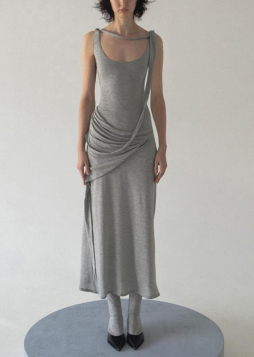 Strap Dress Spaghetti Grey Solid Wrinkled Sleeveless Cotton Art