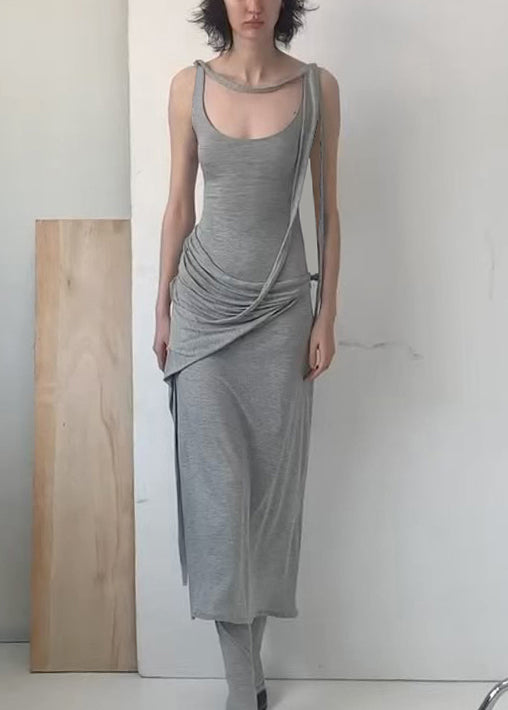 Strap Dress Spaghetti Grey Solid Wrinkled Sleeveless Cotton Art