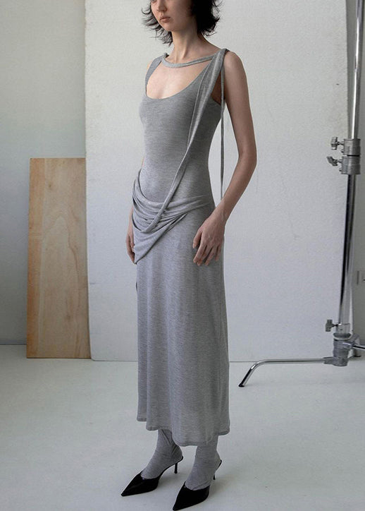 Strap Dress Spaghetti Grey Solid Wrinkled Sleeveless Cotton Art
