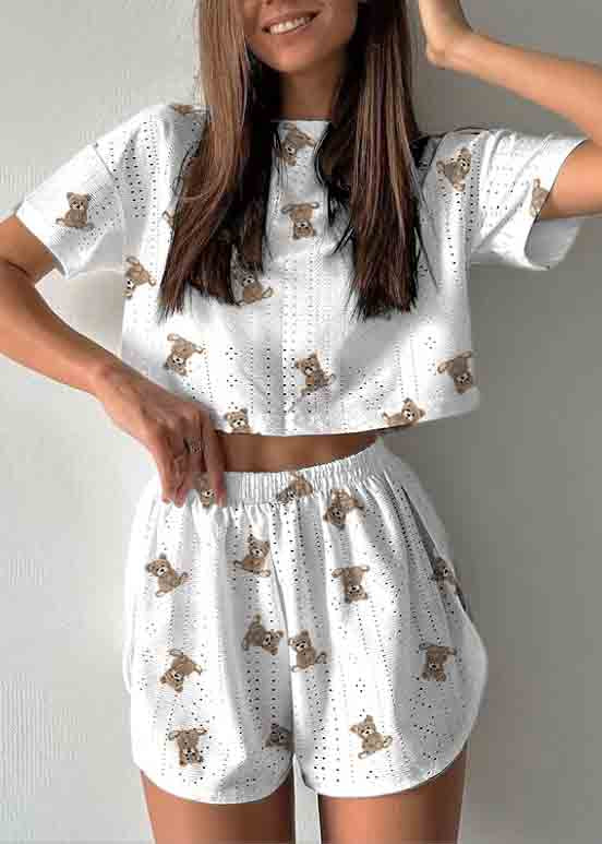 Print Piece Art Out Cotton Womens Summer Two Set Pajamas Hollow