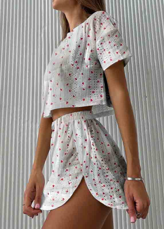 Print Piece Art Out Cotton Womens Summer Two Set Pajamas Hollow
