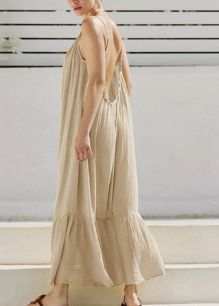 Sleeveless Spaghetti Backless Long Khaki Art Strap Dresses