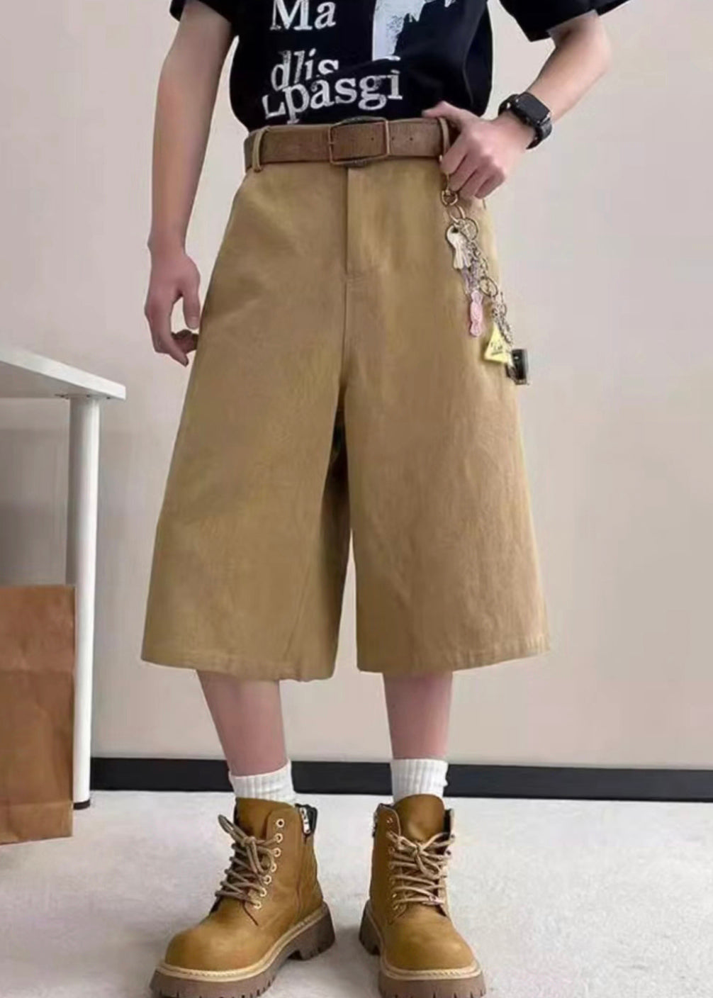 Art Crop Pockets Letter Khaki Pants Summer Mens Waist High