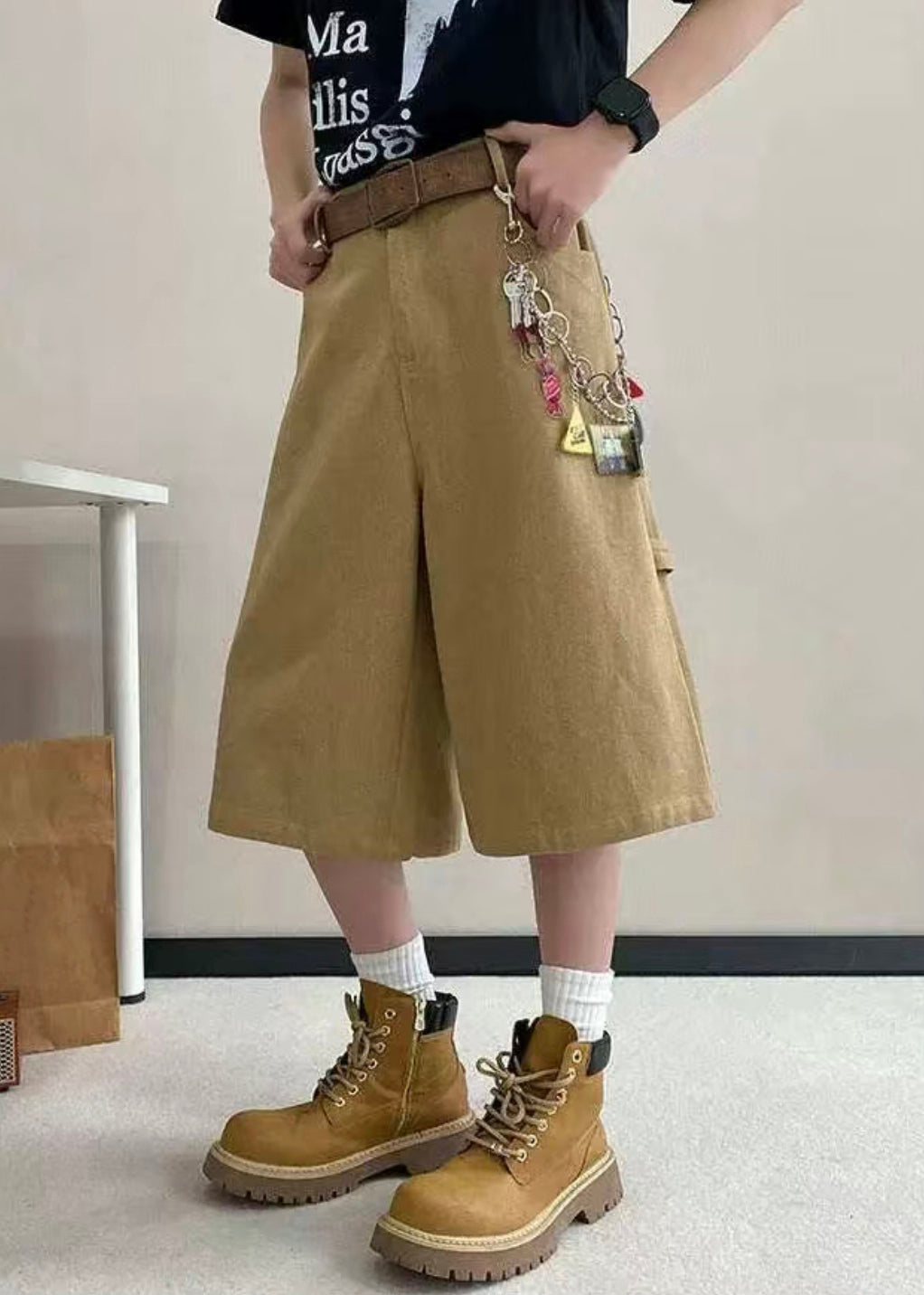 Art Crop Pockets Letter Khaki Pants Summer Mens Waist High