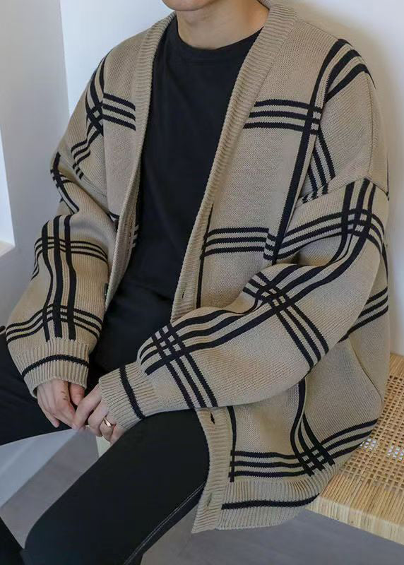 Cardigans Knit Spring Button Plaid Men Art Khaki