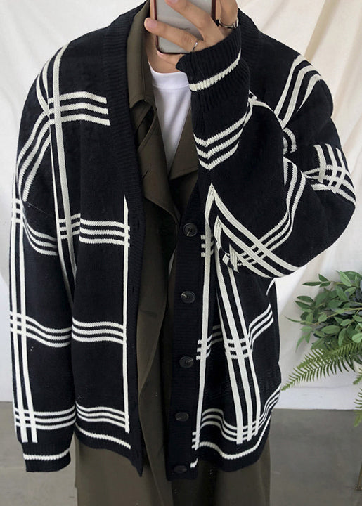 Cardigans Knit Spring Button Plaid Men Art Khaki