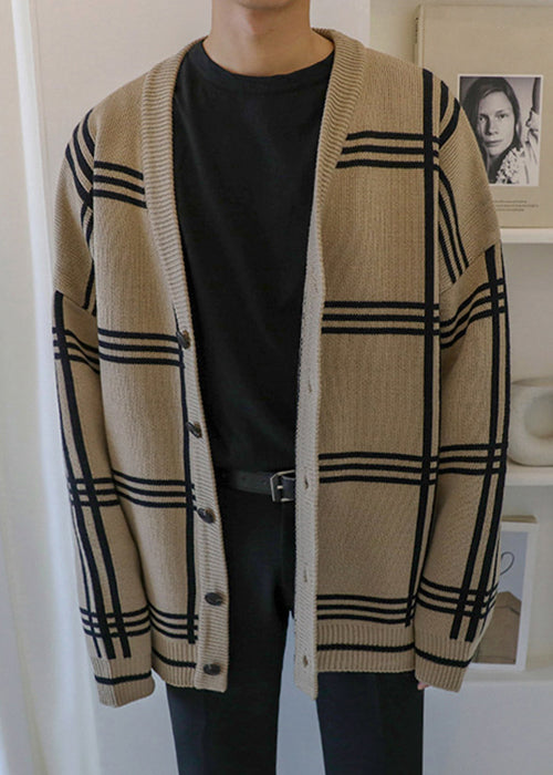 Cardigans Knit Spring Button Plaid Men Art Khaki