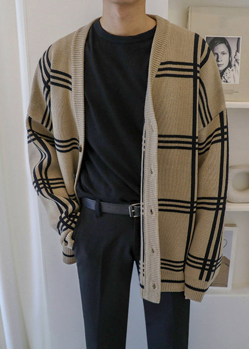 Cardigans Knit Spring Button Plaid Men Art Khaki