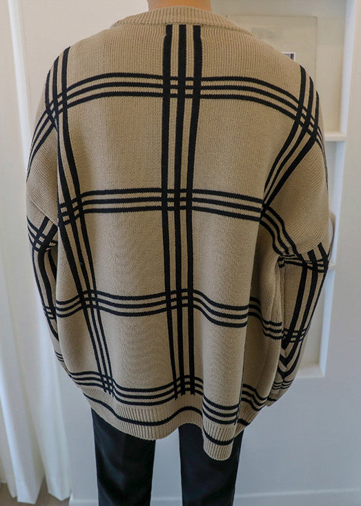 Cardigans Knit Spring Button Plaid Men Art Khaki