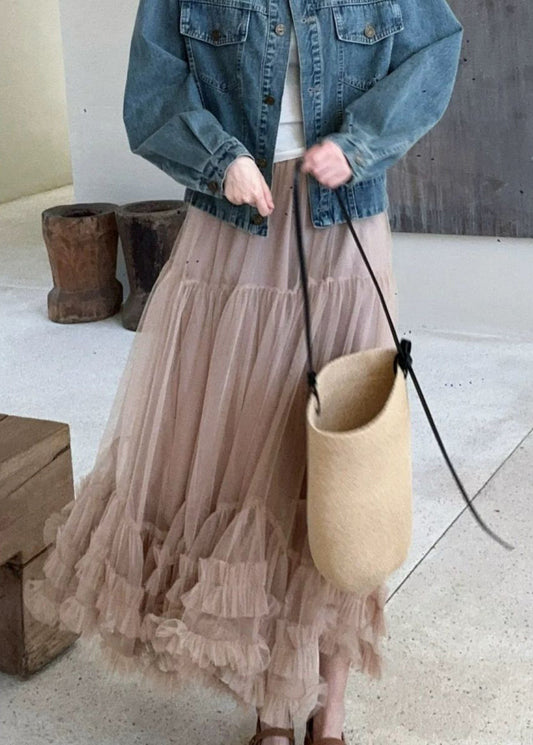 Summer Tulle Ruffled Khaki Skirt Elastic Waist Art