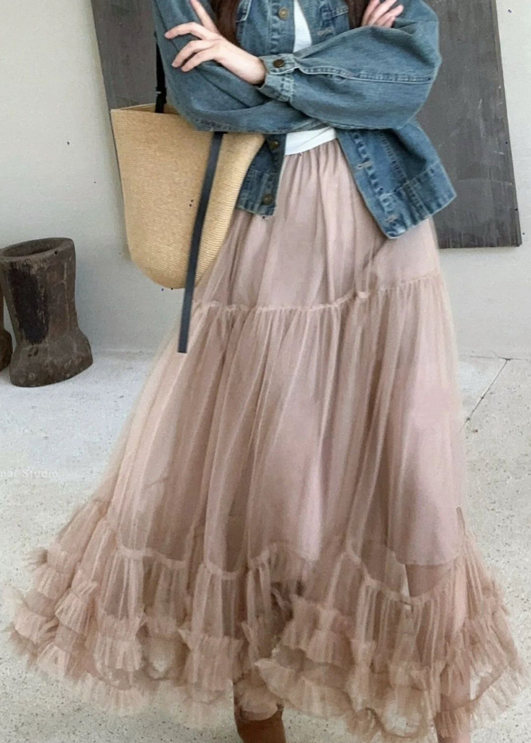 Summer Tulle Ruffled Khaki Skirt Elastic Waist Art