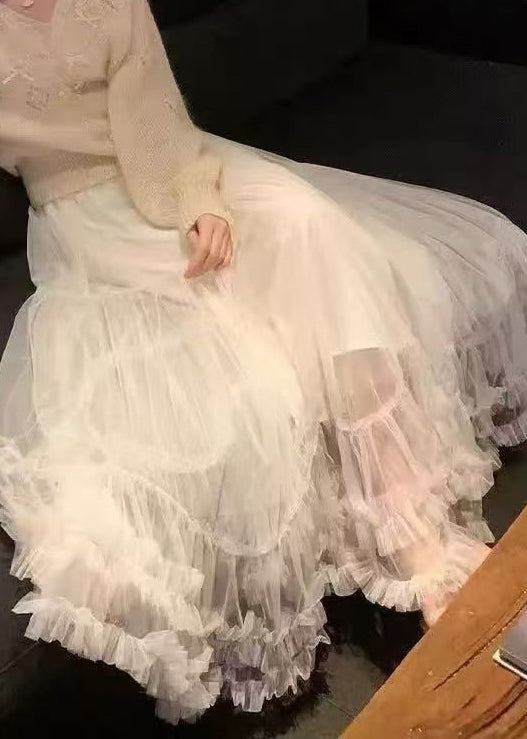 Summer Tulle Ruffled Khaki Skirt Elastic Waist Art