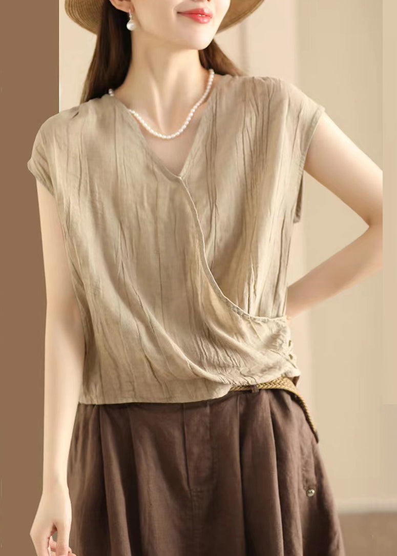 Sleeveless Wrinkled Cotton Shirt Neck T V Khaki Art