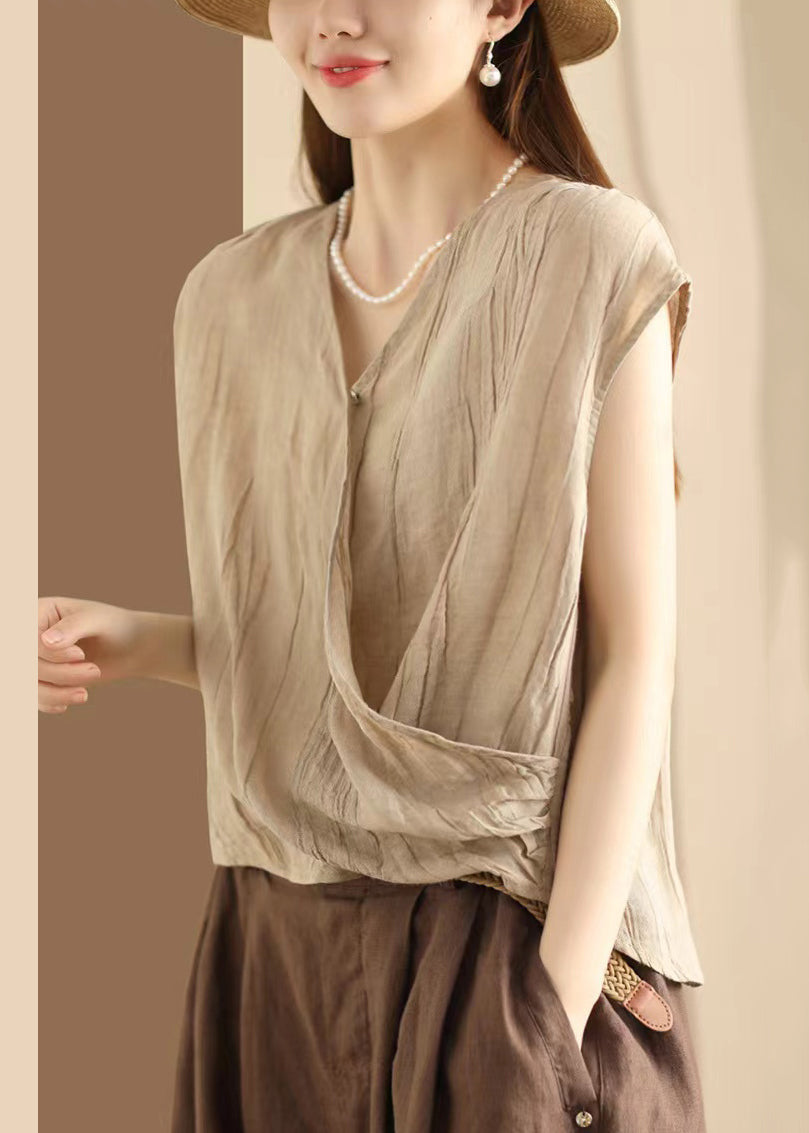 Sleeveless Wrinkled Cotton Shirt Neck T V Khaki Art