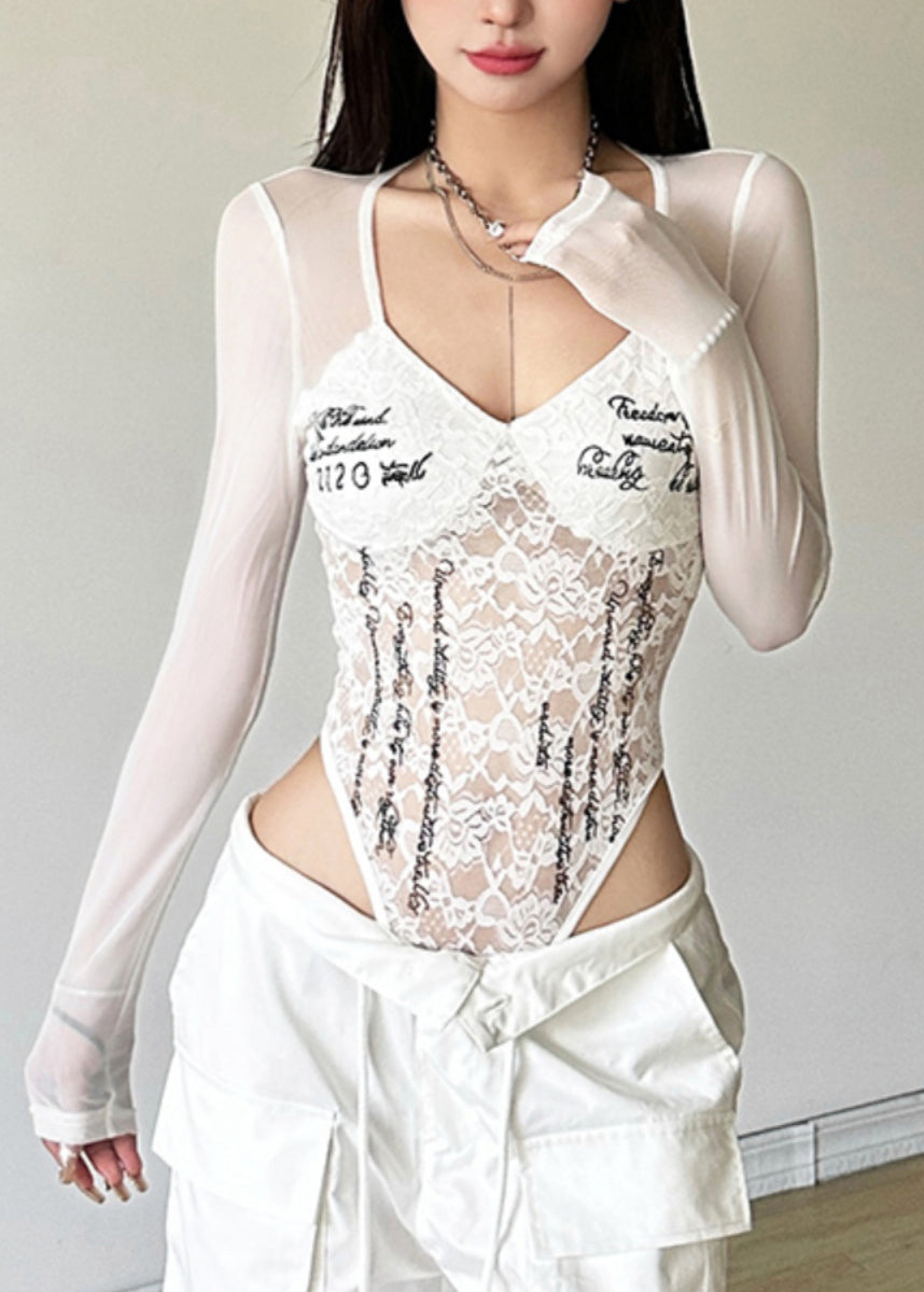 Graphic Lace Bodysuit Tulle O-Neck Black Patchwork Art