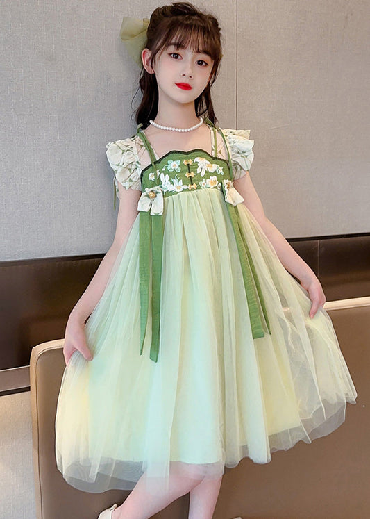 Robe longue en tulle brodée à pompons vert clair pour enfants, manches courtes, GF005