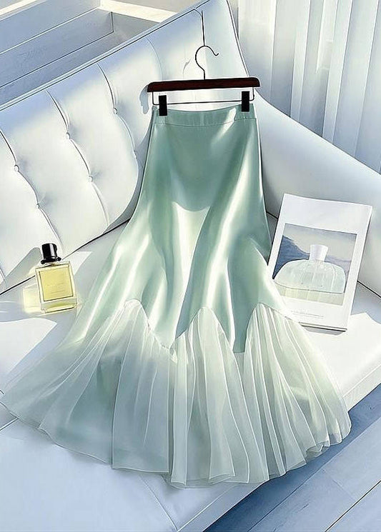 Tulle Maxi Skirt Patchwork Art Green Waist Summer Silk Light High