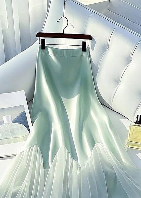 Tulle Maxi Skirt Patchwork Art Green Waist Summer Silk Light High