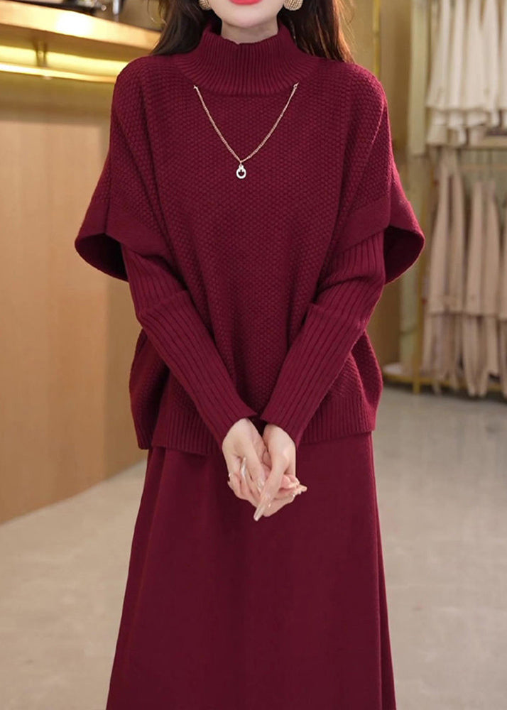 Art Mulberry Turtleneck Cotton Knit Top And Wide Leg Pants Two Piece Set Winter RF044