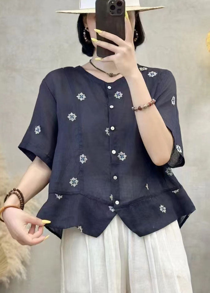Navy Linen Summer Art Embroidered Top Patchwork Shirt