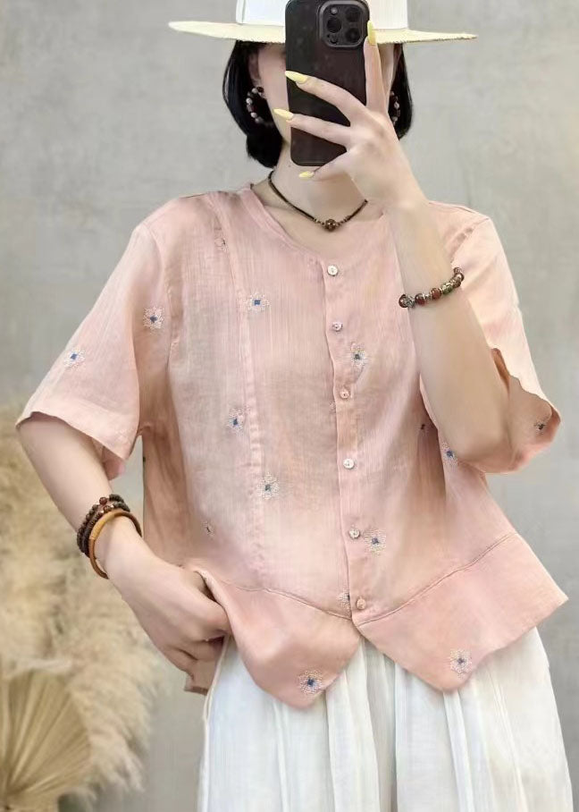 Navy Linen Summer Art Embroidered Top Patchwork Shirt