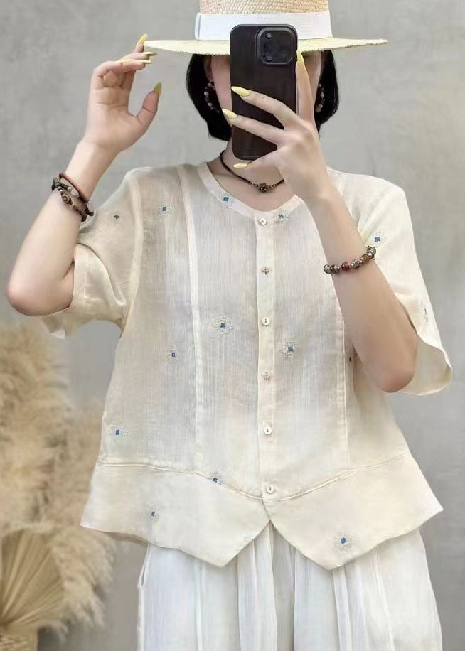 Navy Linen Summer Art Embroidered Top Patchwork Shirt