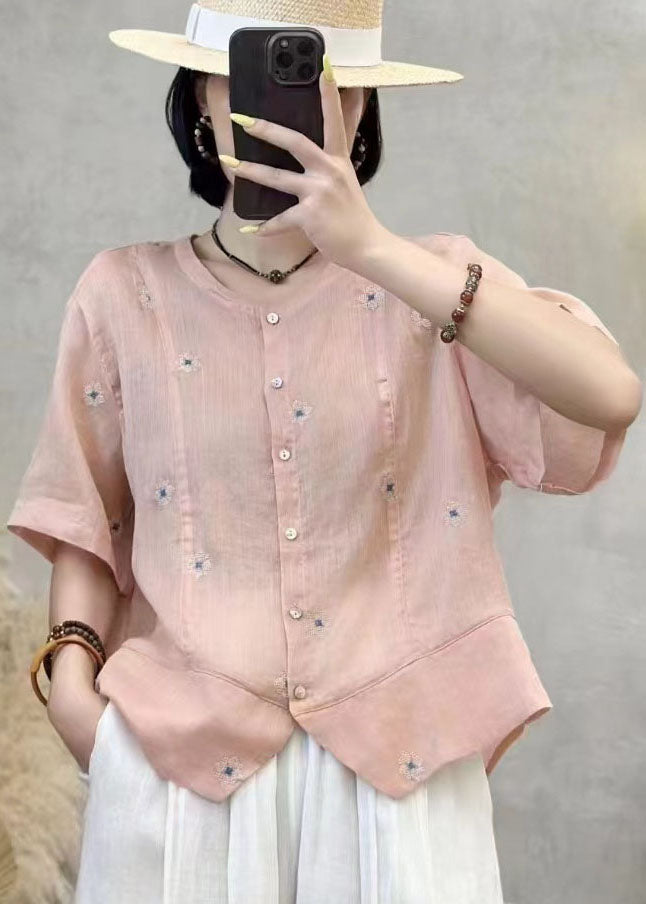 Navy Linen Summer Art Embroidered Top Patchwork Shirt