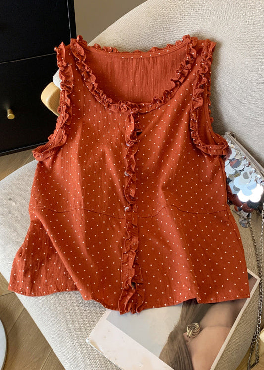 Shirts Cotton Orange Ruffled Sleeveless Art Dot Button