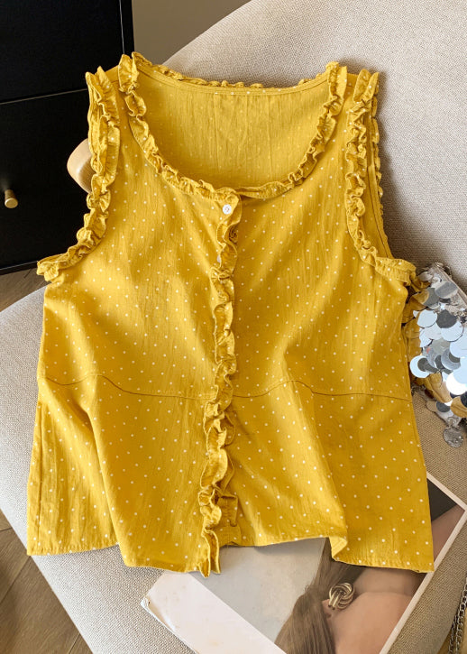 Shirts Cotton Orange Ruffled Sleeveless Art Dot Button
