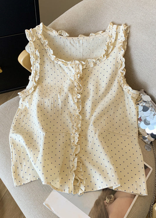 Shirts Cotton Orange Ruffled Sleeveless Art Dot Button