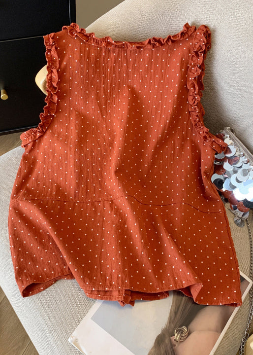 Shirts Cotton Orange Ruffled Sleeveless Art Dot Button