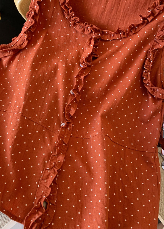 Shirts Cotton Orange Ruffled Sleeveless Art Dot Button
