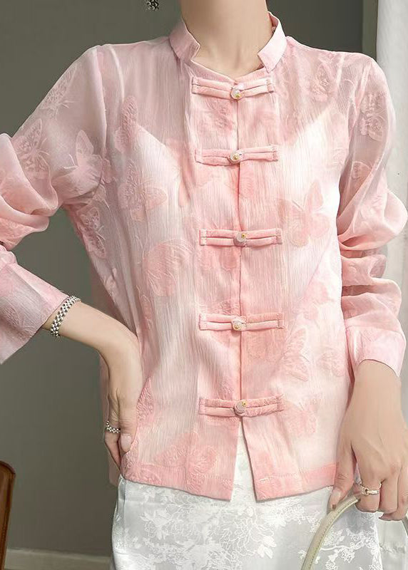 Art Pink Butterfly Button Silk Blouse Fall