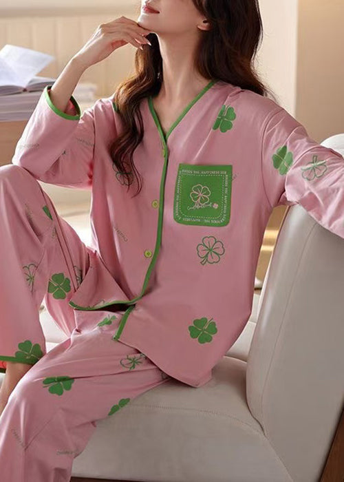 Pajamas Print Art Pants Two Set Pink Cotton Piece Button And Tops